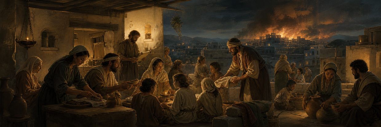 A house church sharing food and hospitality while anxious neighbors gather beyond the courtyard